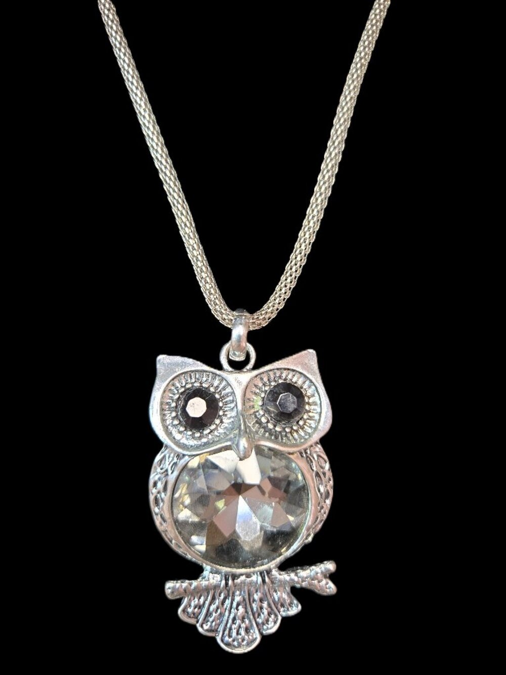 Silver Tone Crystal Owl Pendant Necklace Long Chain Statement Jewelry